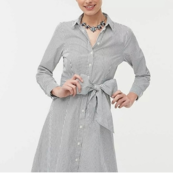 Shirt Dress Tie Waist Cotton Poplin White Denim Stripe - Size 8 - Picture 8 of 9